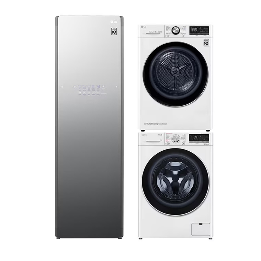 LG AI DD™ Máy giặt lồng ngang 13kg Trắng FV1413S4W, Máy sấy LG DUAL Inverter Heat Pump™ 9kg (trắng) DVHP09W và Tủ chăm sóc quần áo thông minh - LG styler – Màu gương kính S5MB